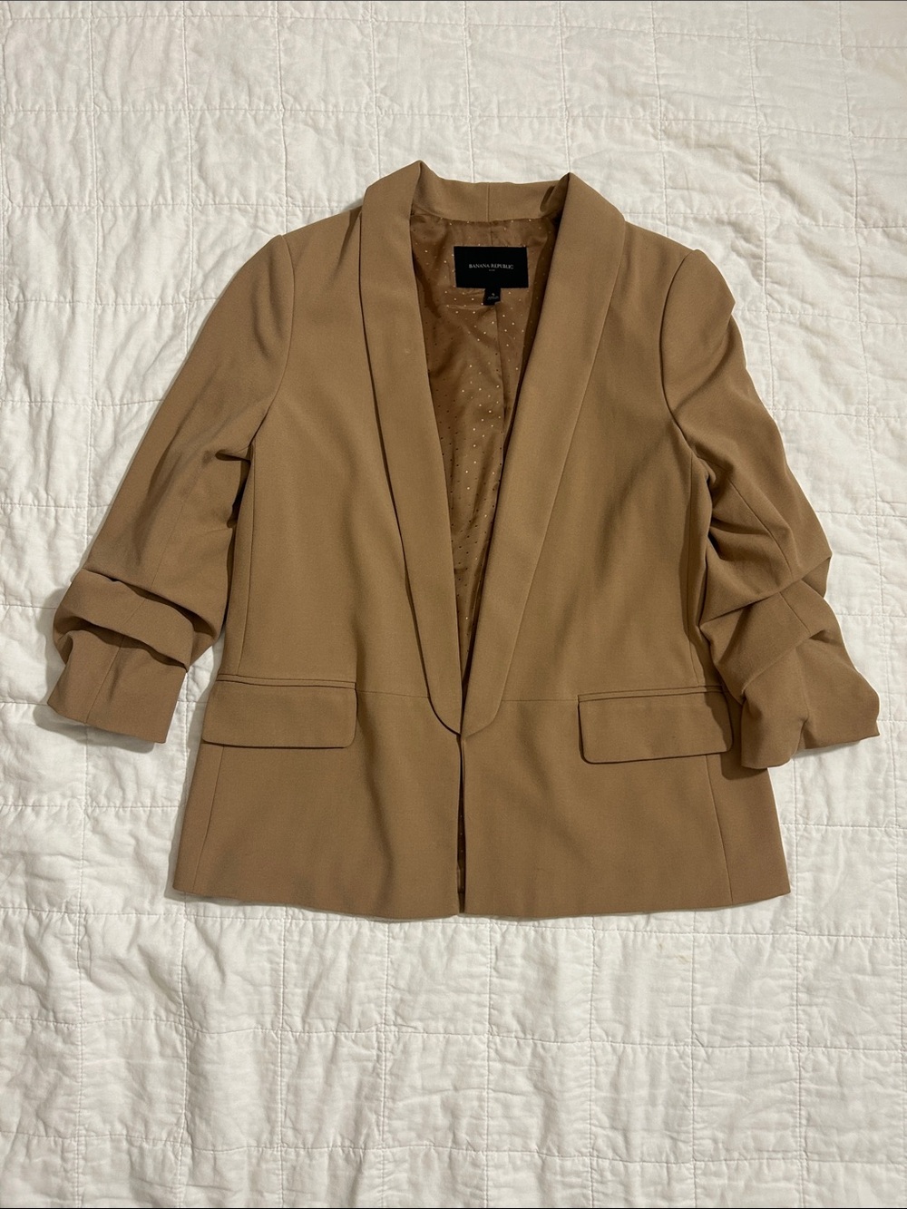 Banana Republic Camel Tan Shawl Collar Ruched Sleeve Blazer